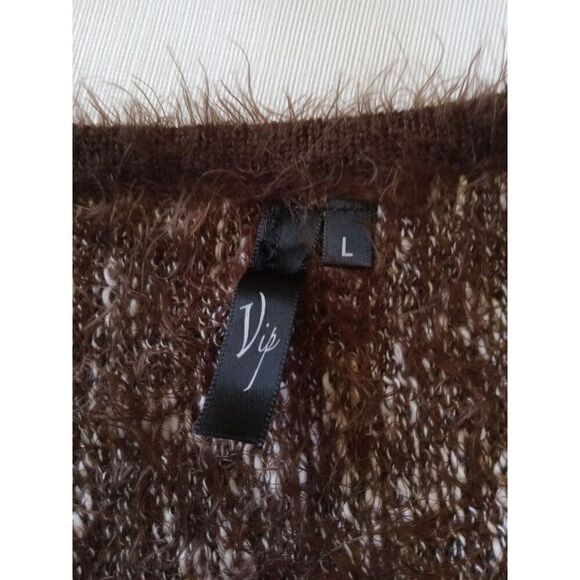 VIP Brown and Cream Soft Mohair Knit V-Neck Pullover Sweater Women's Size Large - Picture 3 of 12